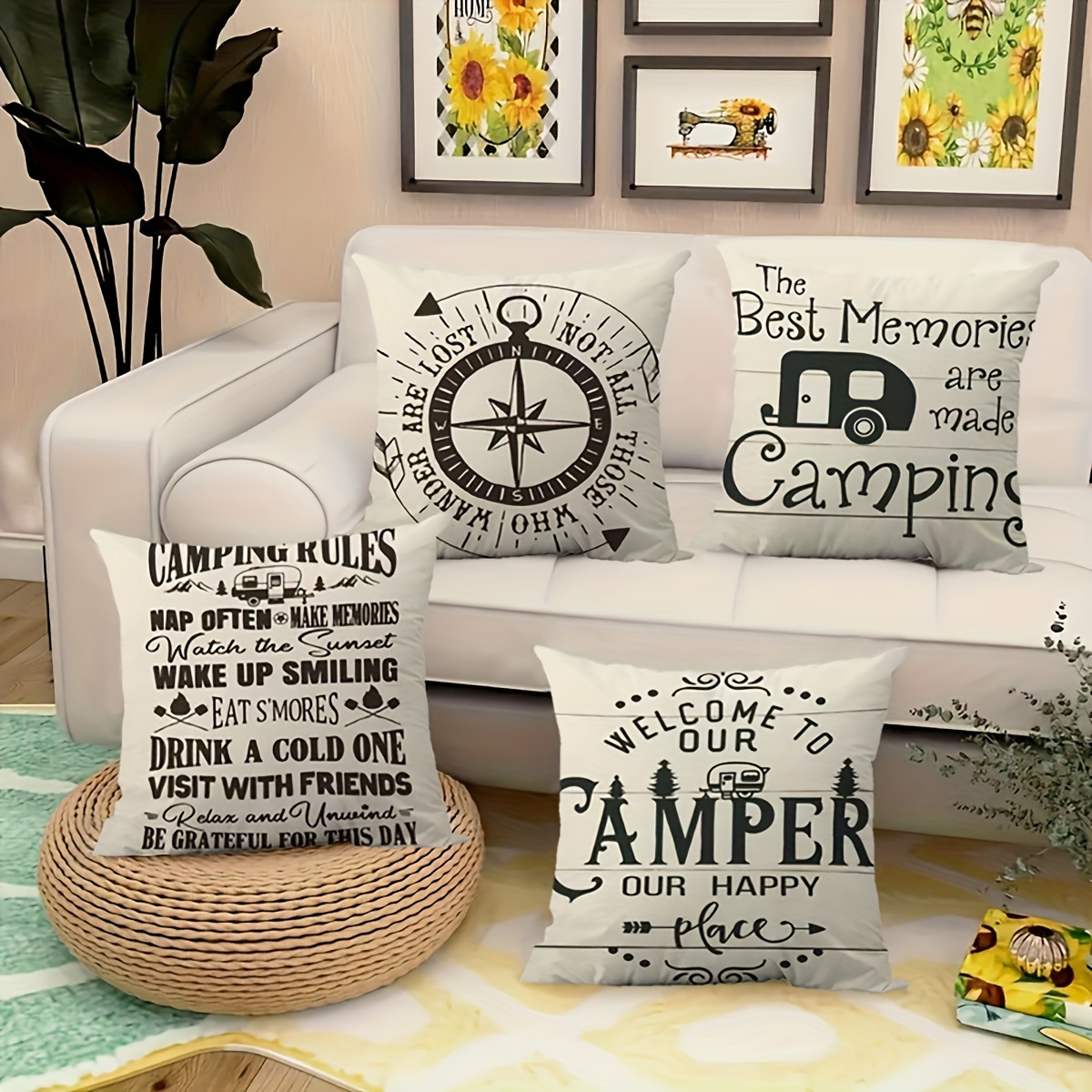 

4pcs Combination Creative Camping Car Pillow Cover, Black And White Simple Printed Throw Pillow Cover