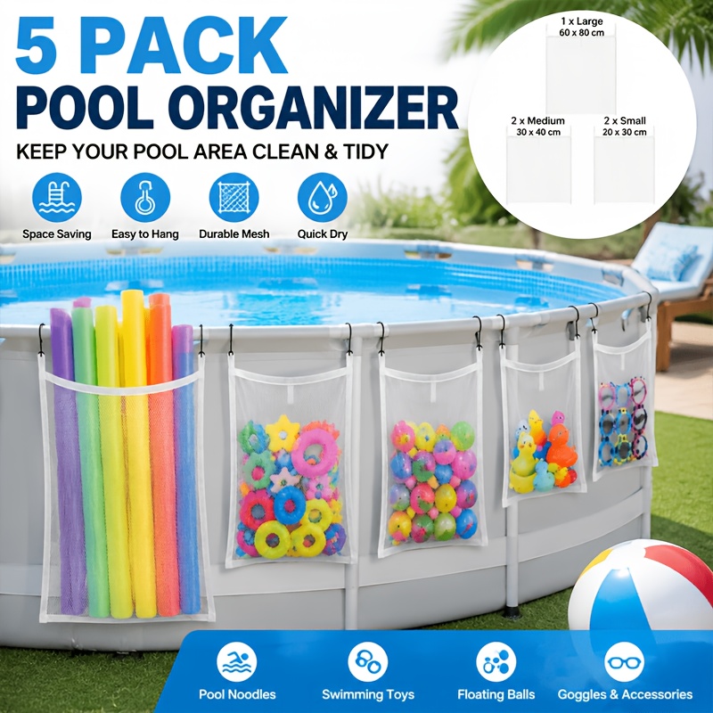 TEMU Lot de 5 sacs de rangement en pour piscine (60-80 cm x 1,30 m x 40 cm x 2, 20 cm x 30 cm x 2) - Filet de rangement suspendu robuste pour jouets