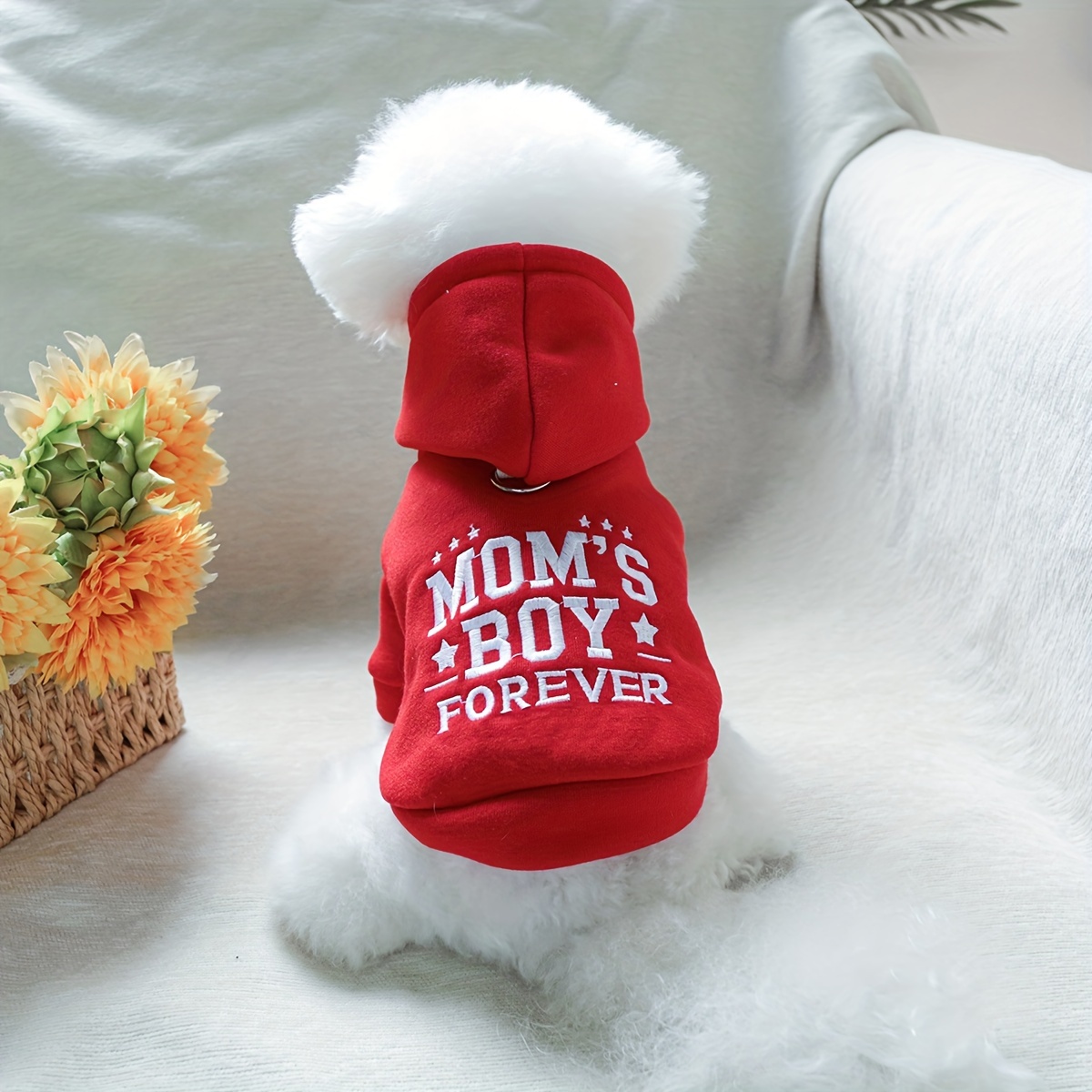 

Red " Boy " Hoodie For Small Dogs, Knitted Polyester Pet Sweatshirt, Cozy Thin Fleece, Pull-on Dog Clothing For Bichon Frise, Pomeranian, Shih Tzu, Teddy Breeds