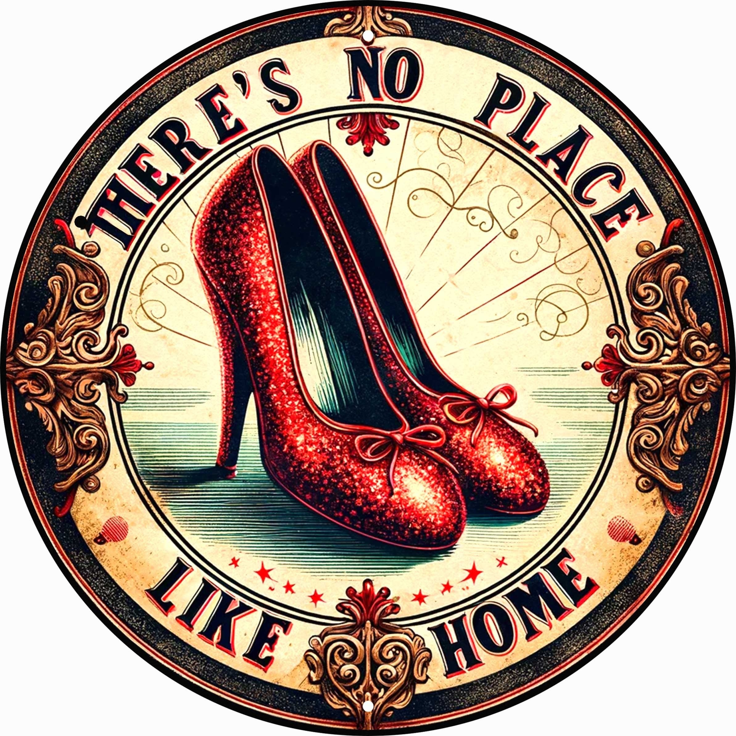 

Vintage Style Metal Wall Art: 'there's No Place Like Home' Red High Heels Poster, 8x8 Inches, Aluminium Decorative Sign, Home Décor