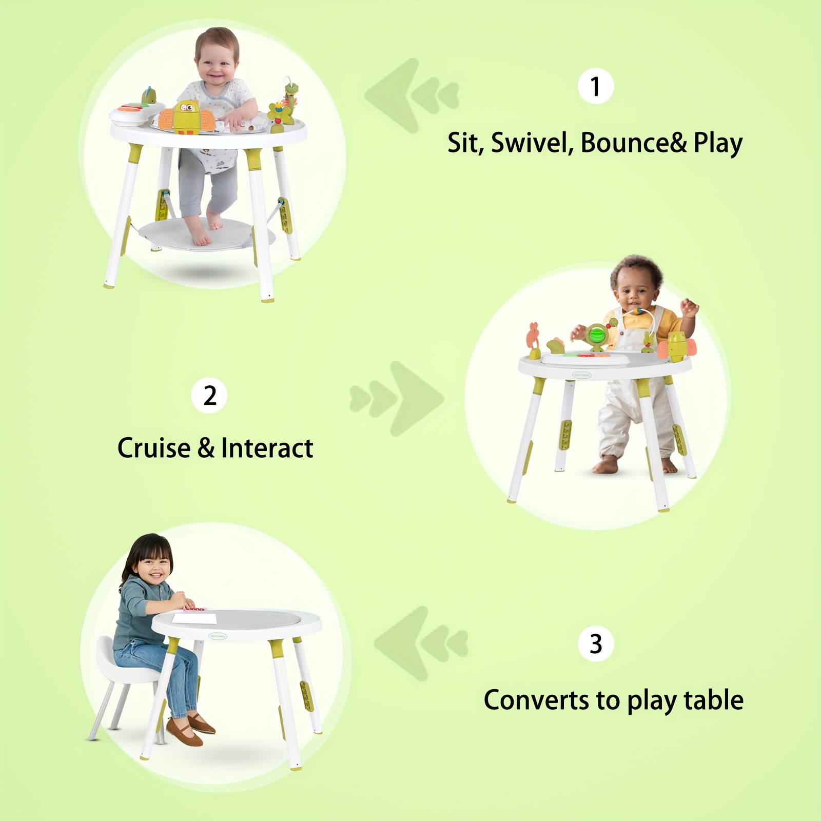 3-in-1 Baby Activity Center with Removable Toys & 360° Rotating Seat - Adjustable Height Multi-Functional Play Center, Jumper & Walker for & (Pink/Green/Blue) - Converts to Standalone Play Gym for Sensory Motor Skills Development