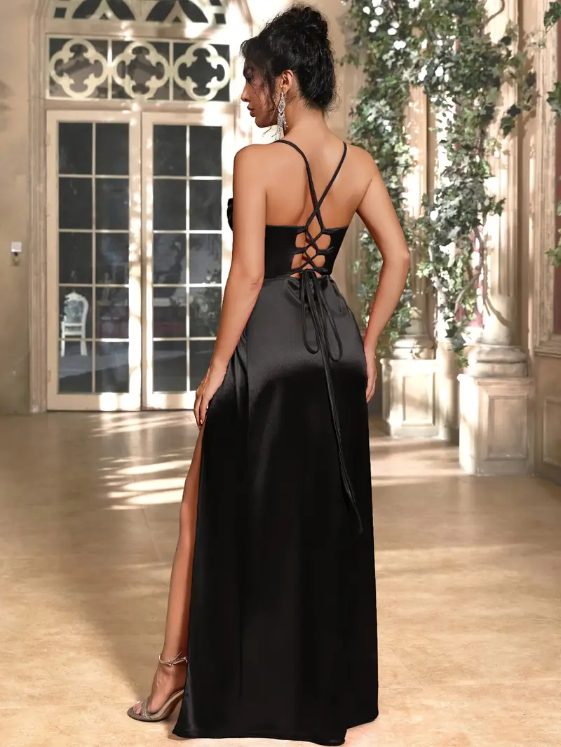 Women's Elegant Black Satin Spaghetti Strap Halter Neckline Ruched Detail Backless Tie Bow Slit Dress for Banquets, Parties, Weddings, Bridesmaid Gown Women's Elegant Black Satin Spaghetti Strap Halter Neckline Ruched Detail Backless Tie Bow Slit Dress for Banquets, Parties, Weddings, Bridesmaid Gown