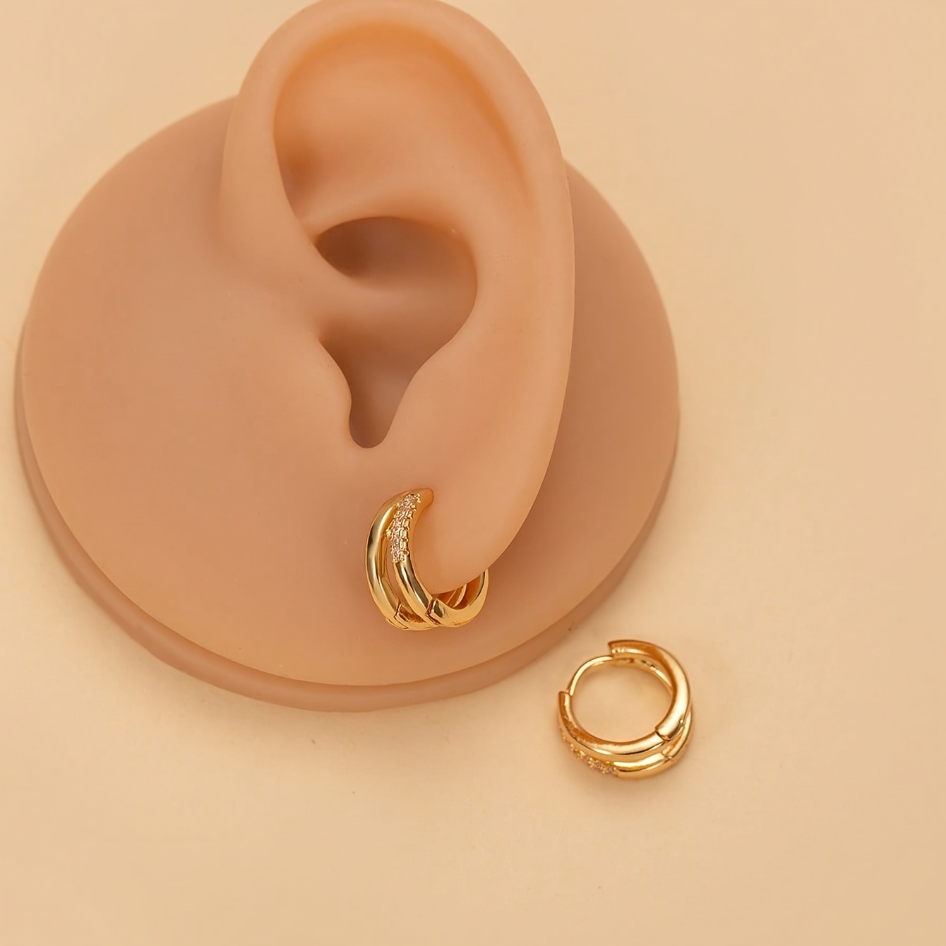 Image of 1pair Hypoallergenic Golden Double Huggie Hoop Earrings - Sparkling Synthetic Zirconia Cuff Huggie Earrings, Women Casual Attire Jewelry