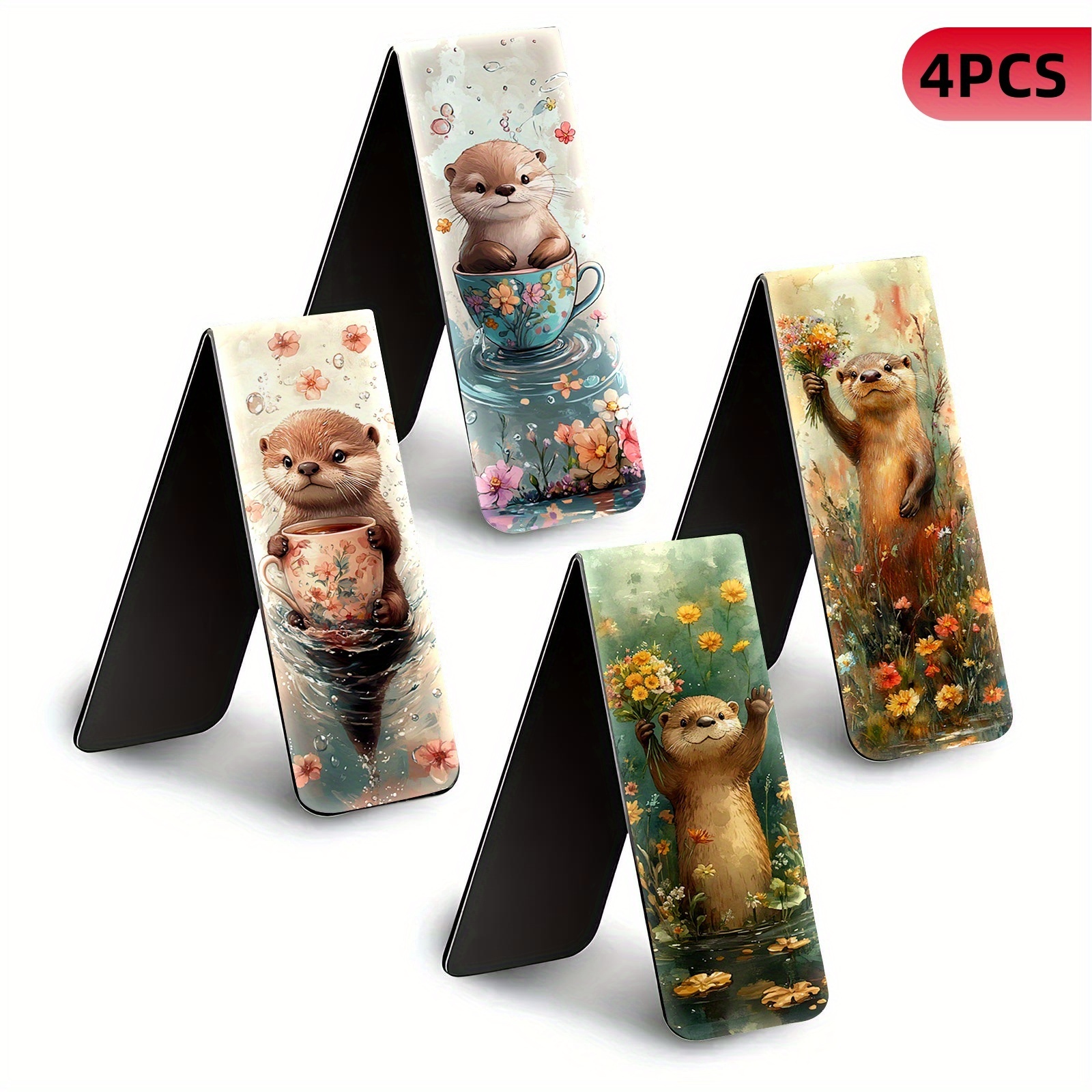 E-shop Set mit 4 magnetischen Lesezeichen | Faltbare Seitenmarkierer | Verspieltes Otter-Design | Buchclips, ideal für Lehrer und Bibliophile | für