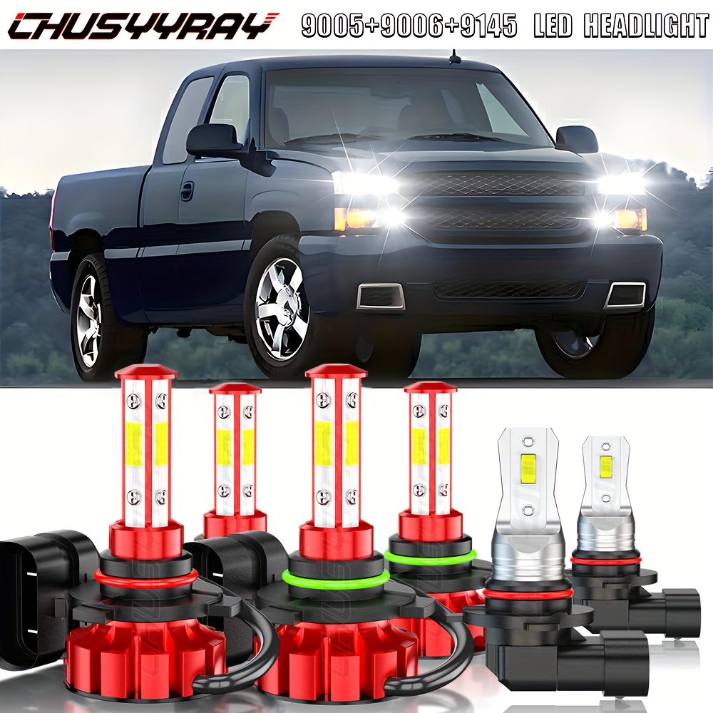 TEMU Led Headlight Bulbs Combo 9005 9006 9145 Fit For Sierra 1500 3500 2003-2006 High Low Beam+fog Light Bulbs, 12v 24v 80w 9000lm Four-sided Cob Chip, Without Battery