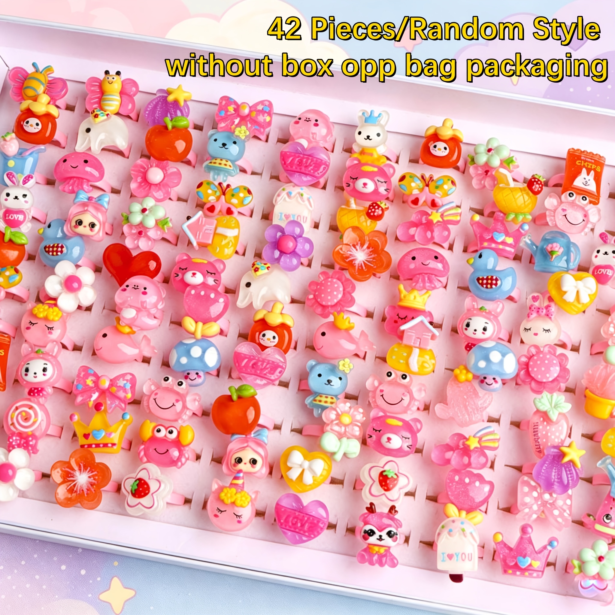 TEMU 22/42pcs Cute Cartoon Rings, Macaron Colored Resin Rings, Cute Small Animal Flower And Fruit Patterns, Unisex, Daily Wear, Party Accessories,