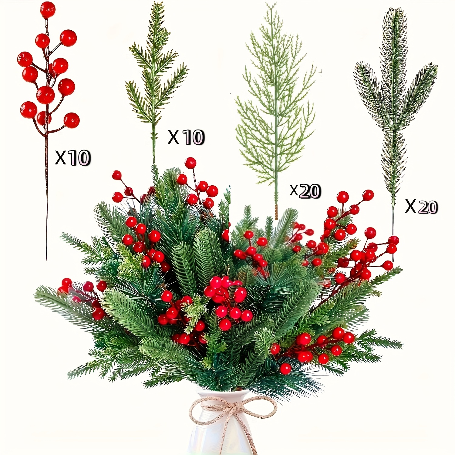 Image of 60pcs Christmas Artificial Pine Branches With Red Berries- Plastic Pine Needles Greenery Picks For Diy Holiday Wreath, Garland, And Home Decor- Tabletop Decoration, No Battery Required