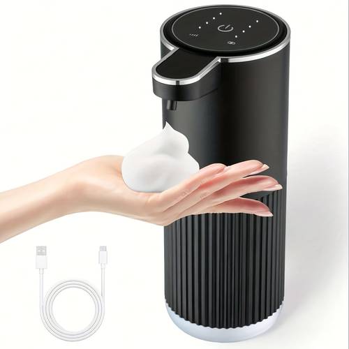 item picture 1 automatic soap dispenser for home use with battery and liquid level display roman 360ml capacity usb c charging port ipx5 waterproof lithium battery free usb cable two wall stickers in black white foam drip styles bathroom or kitchen ideal gift for friends must have for christmas halloween
