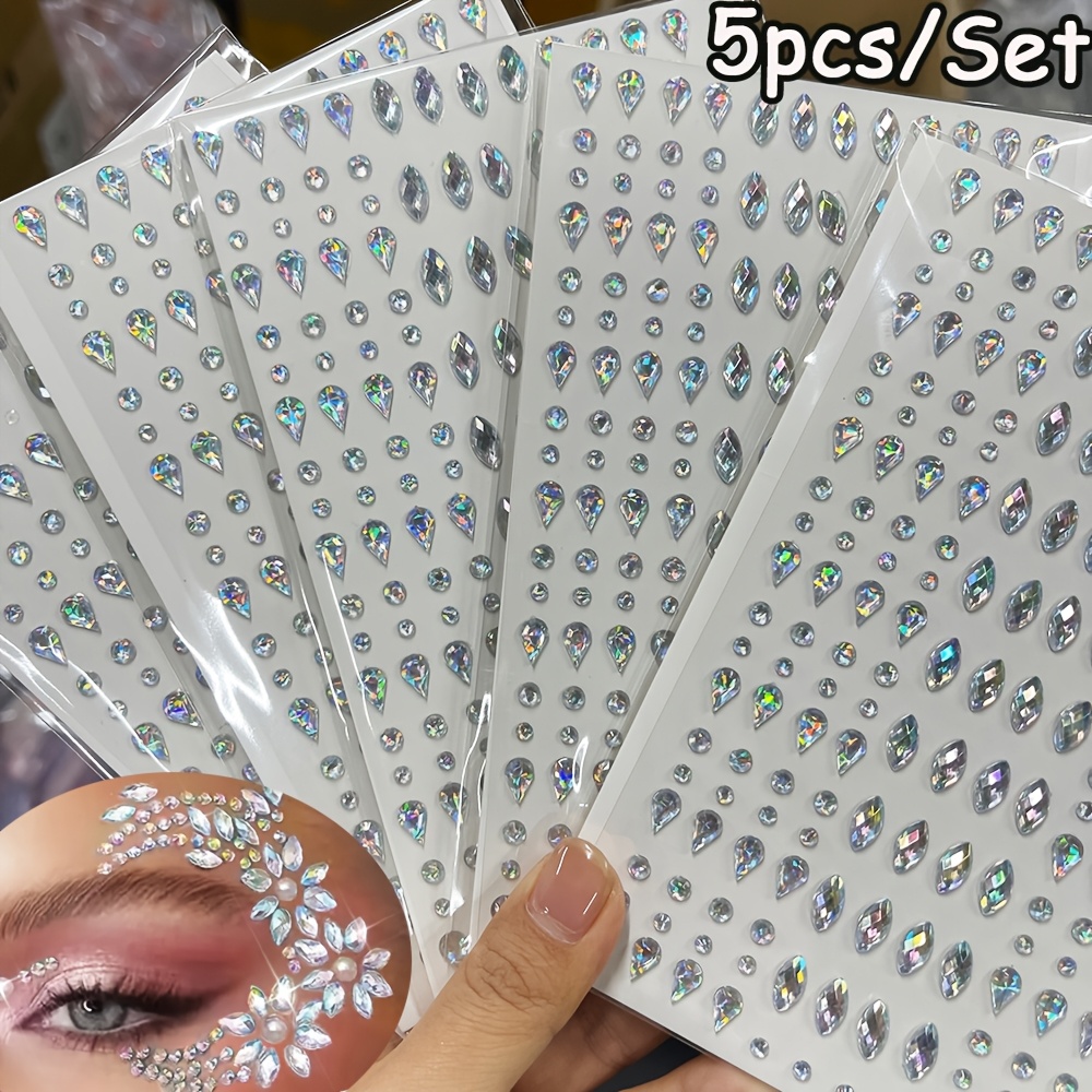 Image of Set Of 5pcs Of 3d Teardrop-shaped Gemstone Rhinestone Stickers, Of Face, Eye, And Body Stickers That Are Self-adhesive For Facial Decoration