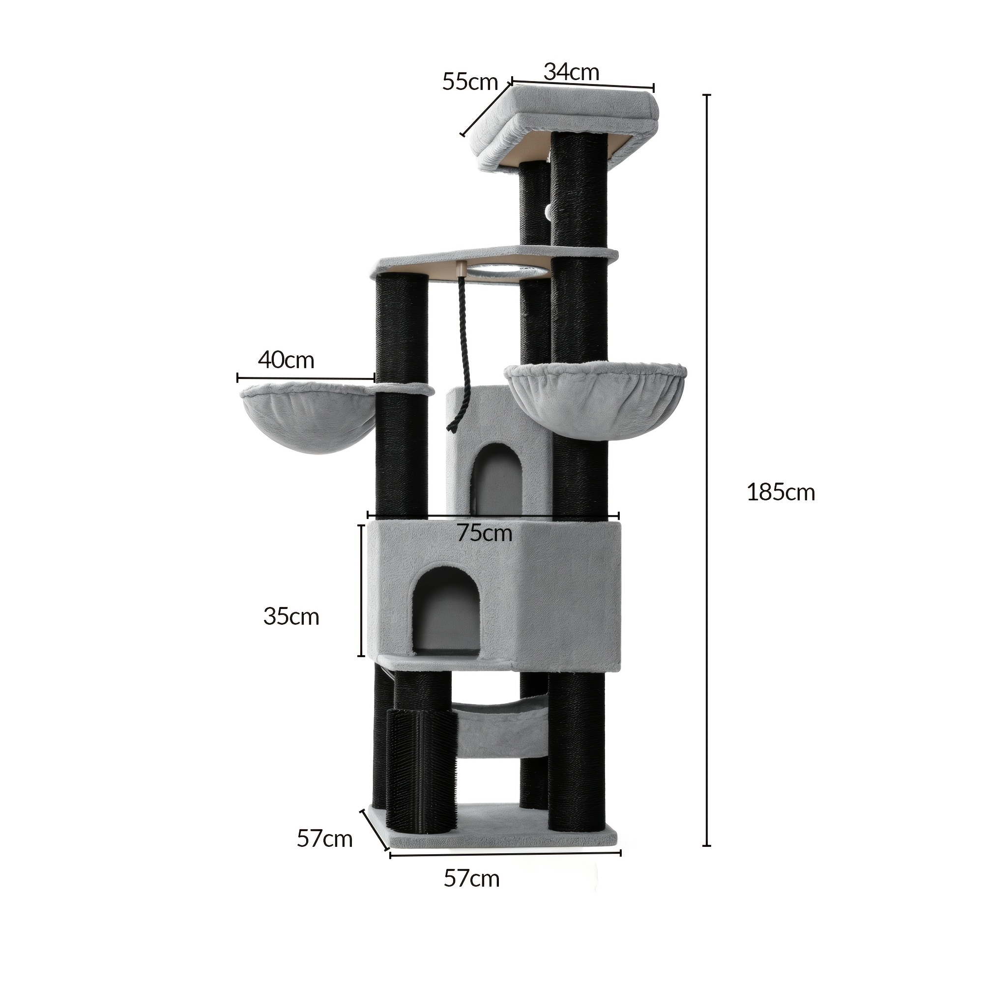 185cm Large Indoor Cat Tree, Reinforced Base, Thick Black Sisal, Suitable For Maine Coon Cats, Multiple Cats, With Scratching And Resting Functions, Light Gray