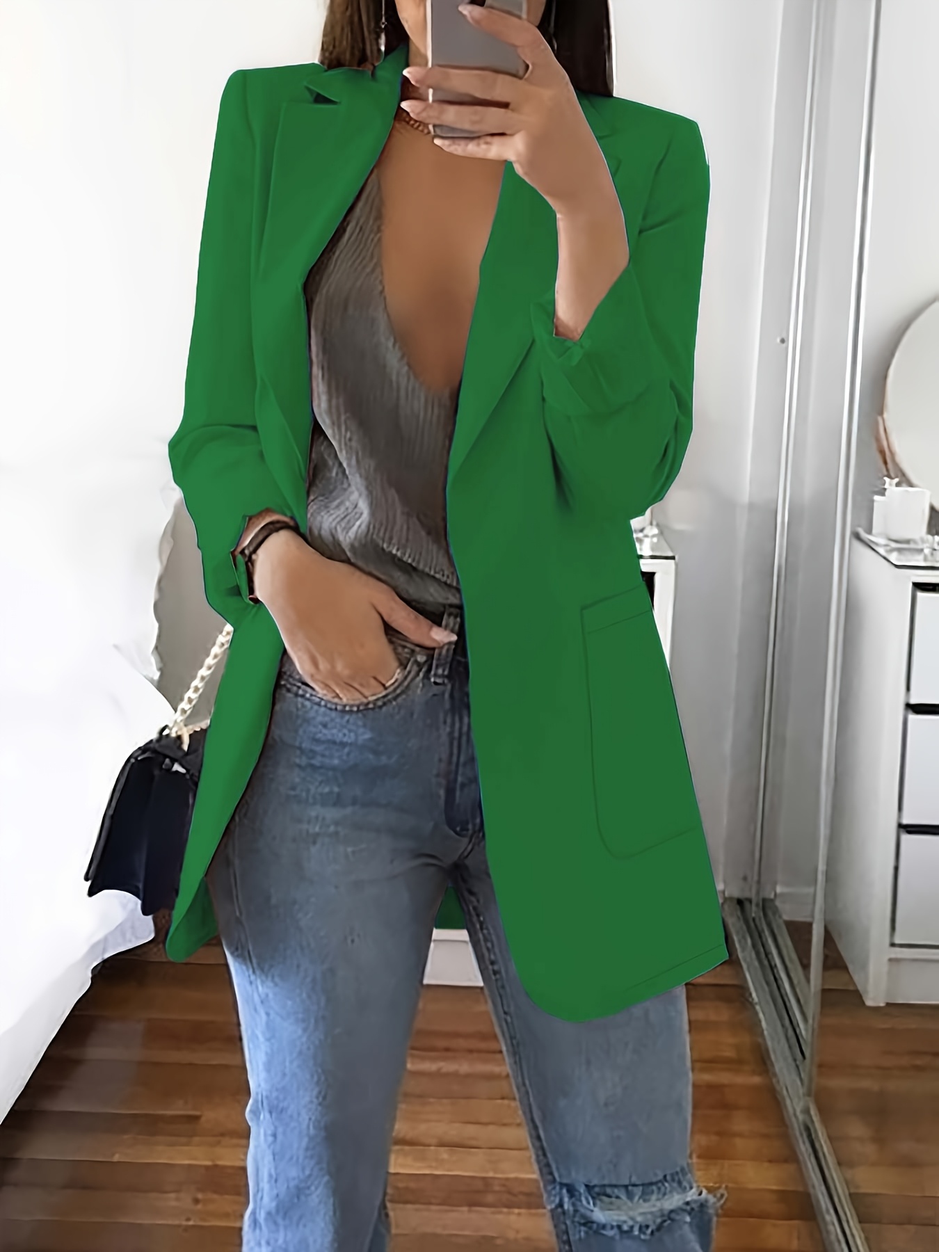 Solid Color Suit with Turned Up Collar and Slim Fit Open Cardigan for Women in Spring and Autumn
