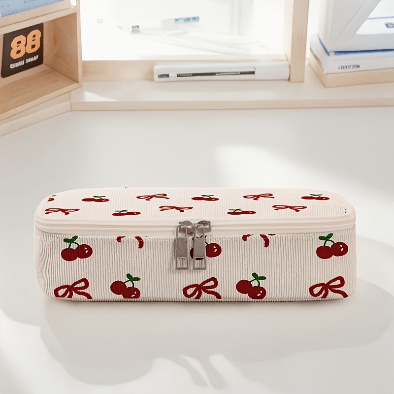 Cute Cherry Bow & Cherry Print Pencil Case - Portable Zippered Storage Box, Durable Multifunctional Suitable For School, Office & Travel,, S Pencil Holder, Marker & Lipstick