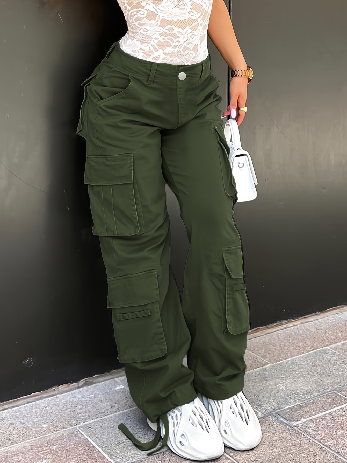 Fashion (army Green)Cargo Casual Pants Women Baggy Teens Trousers  Pantalones Uni Clothes High Waisted European Fashion Multi Pockets Temper  Chic DOU