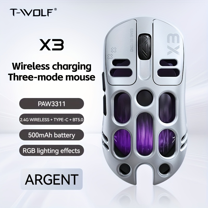 wolf x3 gaming mouse - wireless 3-in-1 wireless, rgb lights, dual-color scheme, high-resolution sensor, usb & type-c charging, durable plastic for pc gaming & typing,  , rechargeable battery Product details 5