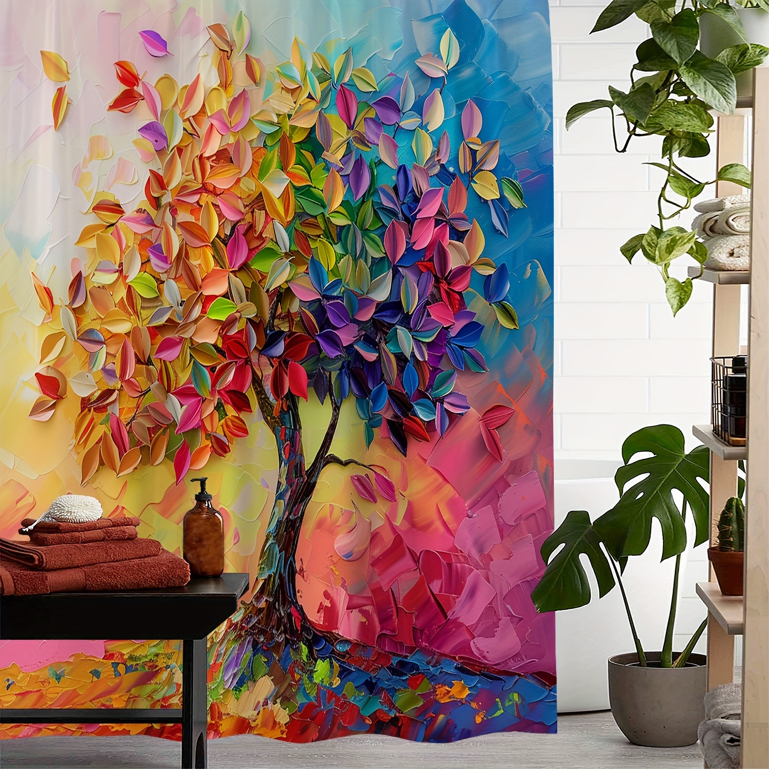 

1pc Colorful Tree Oil Painting Pattern Shower Curtain, Waterproof Shower Curtain With 12 Hooks, Bath Curtain, Bathroom Partition, Room Decoration, Machine Wash Window Bathroom Decoration