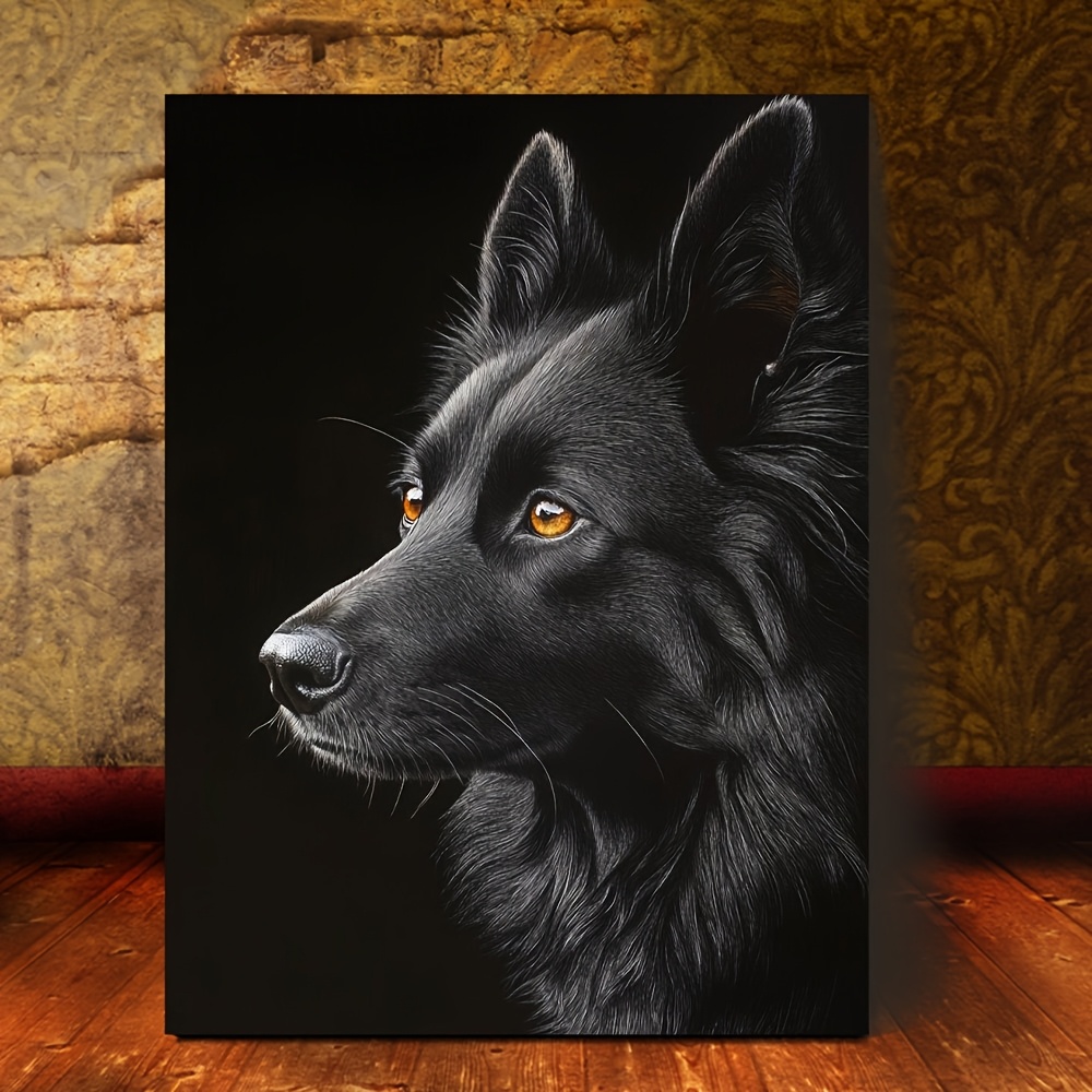 

1pc Wooden Black And Gold Shepherd Dog Canvas Decor Wall Art For Bedroom Living Room Home Walls Decoration With Ready To Hang 11.8inchx15.7inch