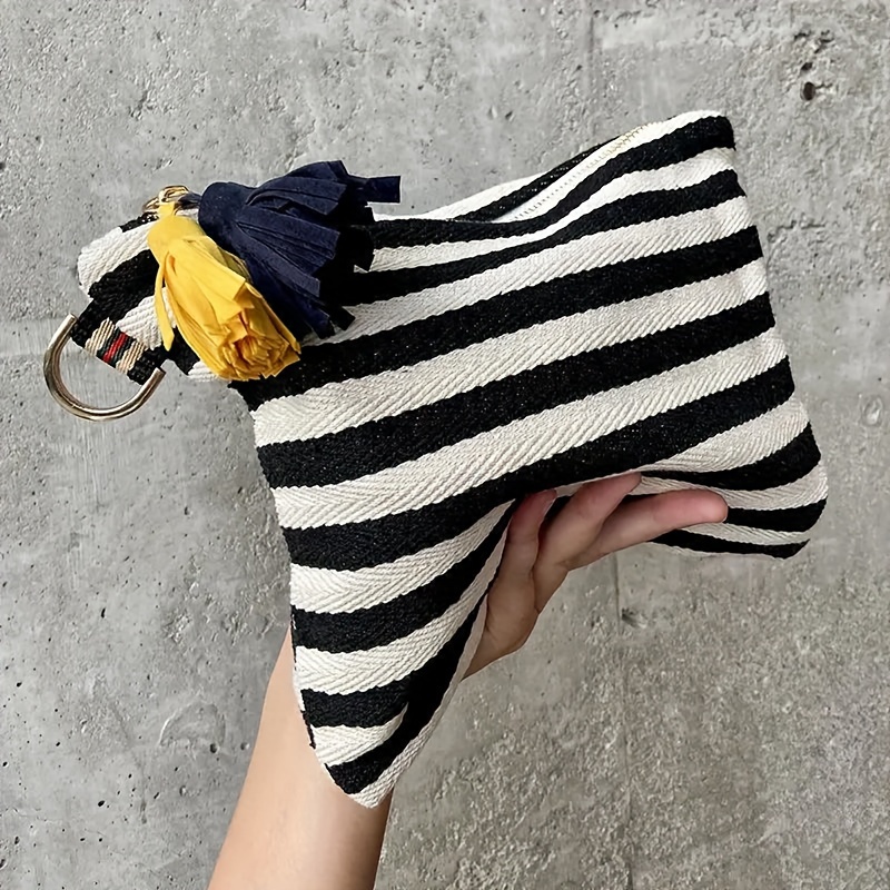 

Chic Striped Canvas Makeup Bag With Tassel Detail - Large Capacity, Zippered Cosmetic Pouch For Travel & Storage - In , Red, Black