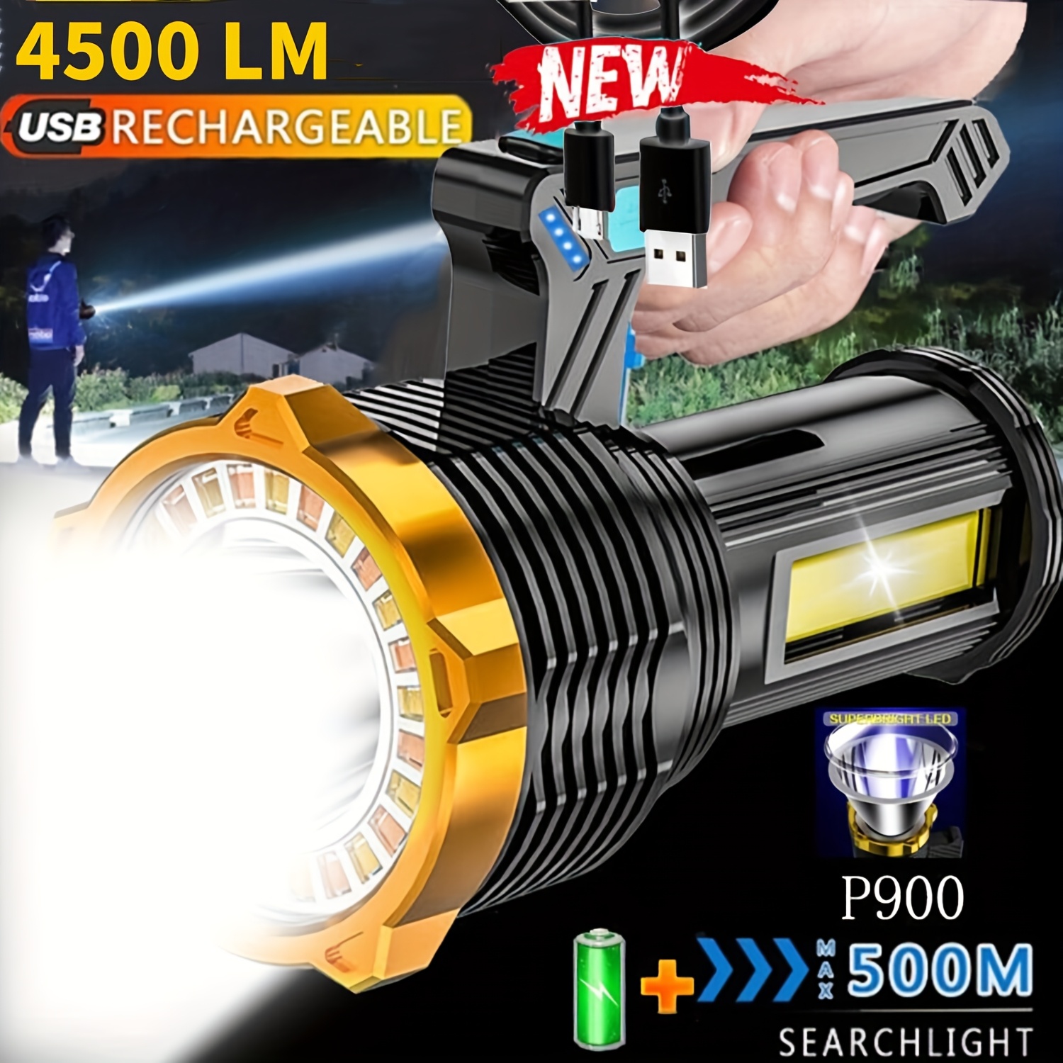 

4500lm Led Tactical Flashlight - Usb Rechargeable, With Power Indicator & Side Lighting