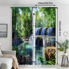 2pcs waterfall landscape print curtains rod for easy hanging vibrant forest cascading water scene living room bedroom office durable polyester fabric rod not included