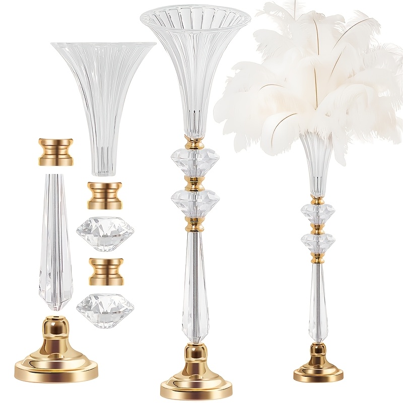 TEMU 2pcs High Crystal Acrylic Vases, 23.6 Inch Large Transparent Decorative Vase, Ribbed Wedding Flower Stand, Bridal Wedding Decoration Vase, Home Decoration