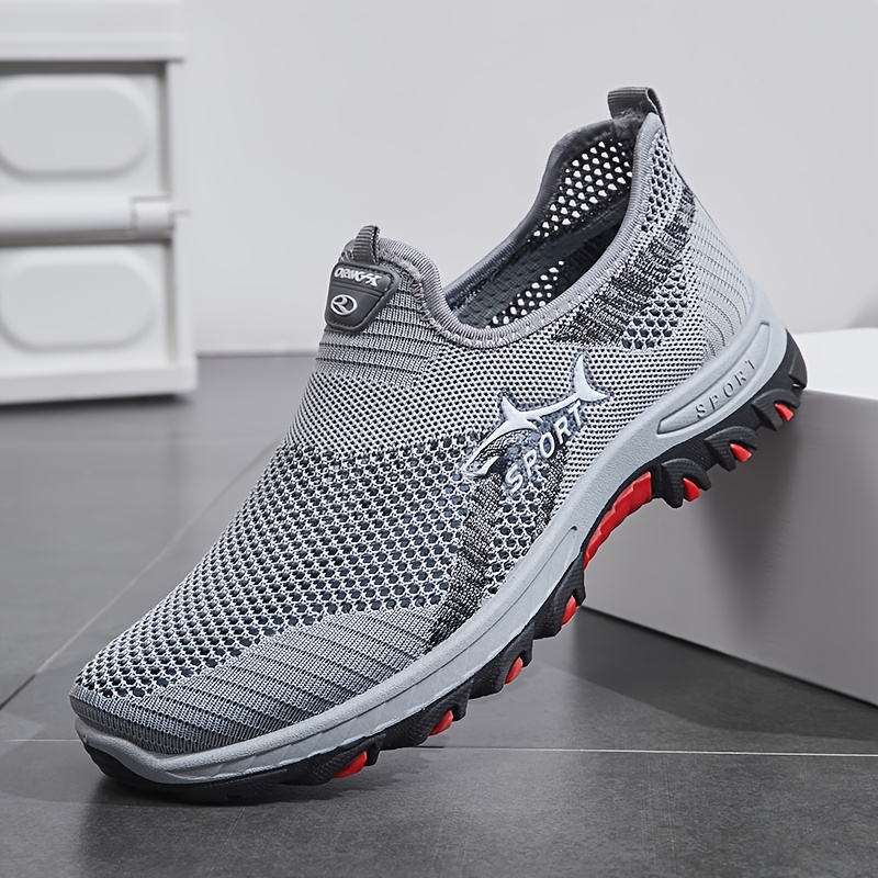 imagen del artículo zapatillas ligueras transpirables para hombre - zapatos casuales de corte   con   de goma antideslizante, comodidad para     para senderismo, uso   y actividades al aire libre (accesorios grises/rojos), calzado para senderismo, estilo deportivo, soporte acolchado