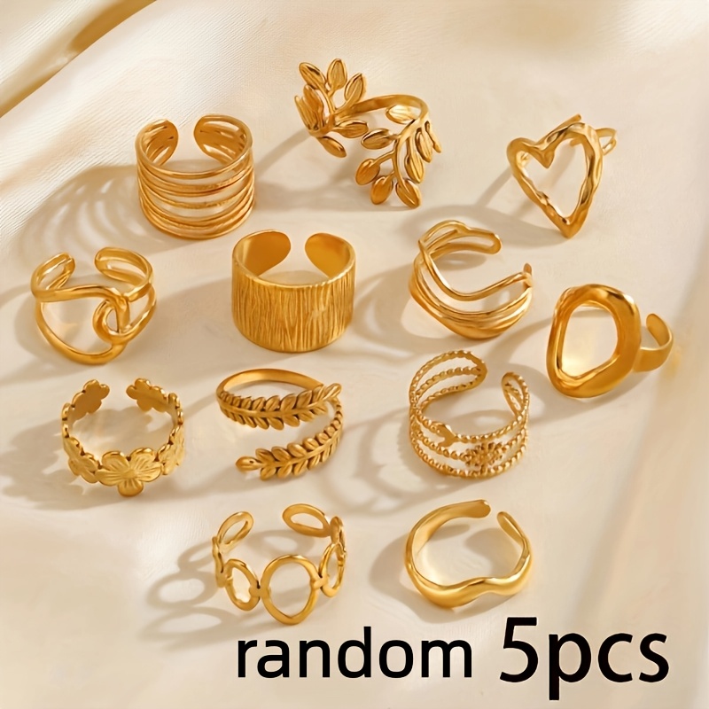 TEMU Random 5pcs Set Stainless Steel 18k Golden Plated Geometric Heart, Oval, Line, Flower, Leaf, Design Rings, For Daily Wear & Holidays