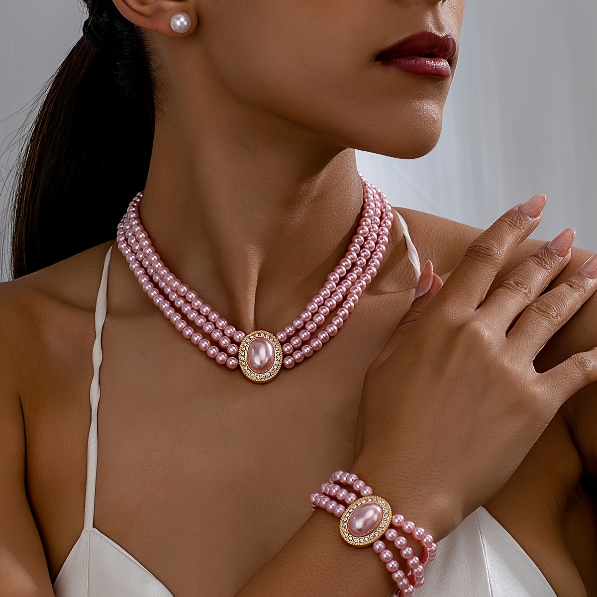 Layer Necklace Set Light Pink Earrings Bracelet Casual Attire Gift