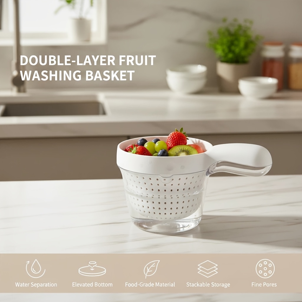 Image of Double-layer 2-in-1 Colander, With Handle, Suitable For Kitchen Scenes. , -hand Grip, Anti-slip. Made Of Food-grade Material, Equipped With Raised Bottom Fruit And Vegetable Filter Net