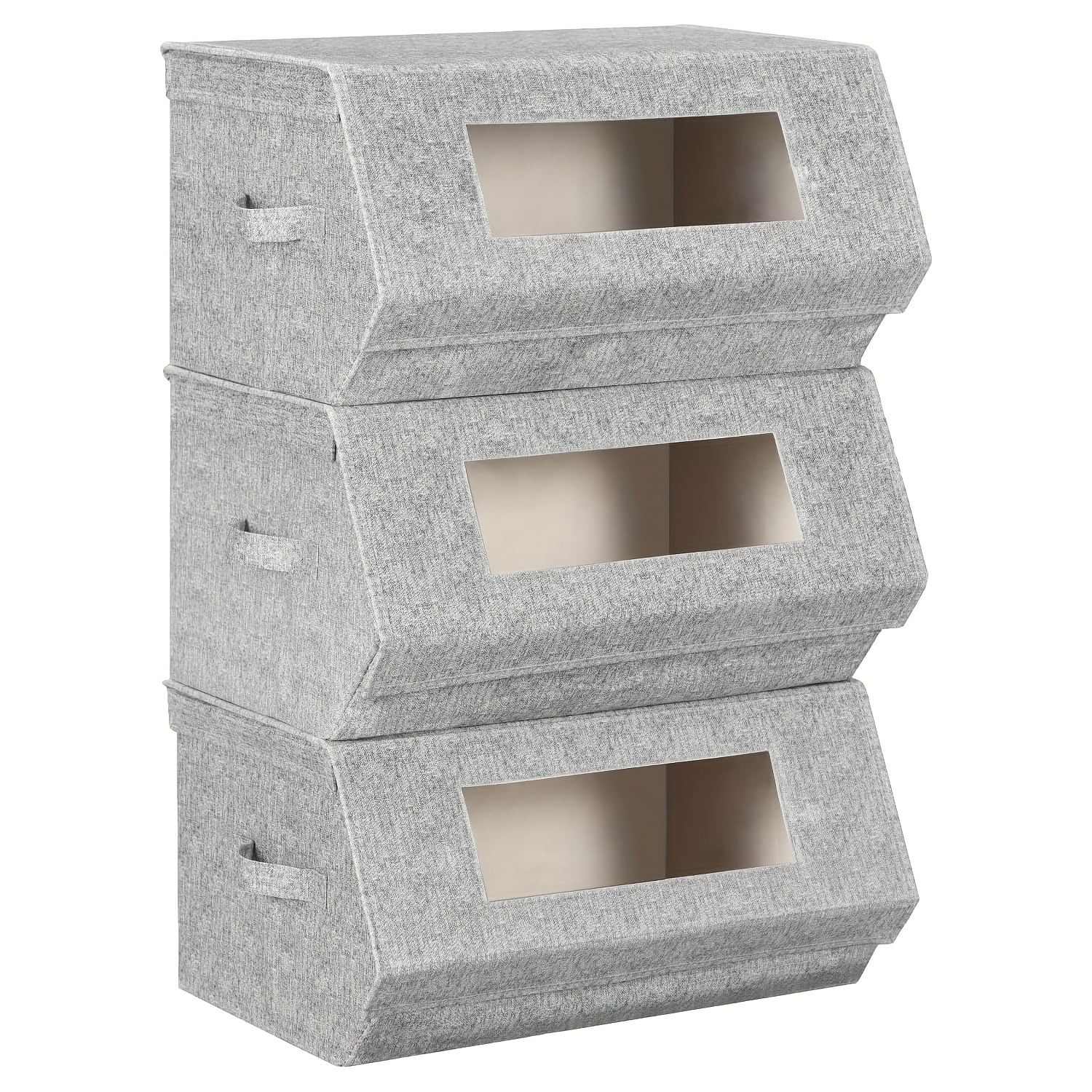 3pcs Stackable Storage Box Set With Lid, Featuring Magnetic Clasp And Transparent Window, In Gray And Beige Color Scheme. Essential For Organizing Clothes And Miscellaneous Items.