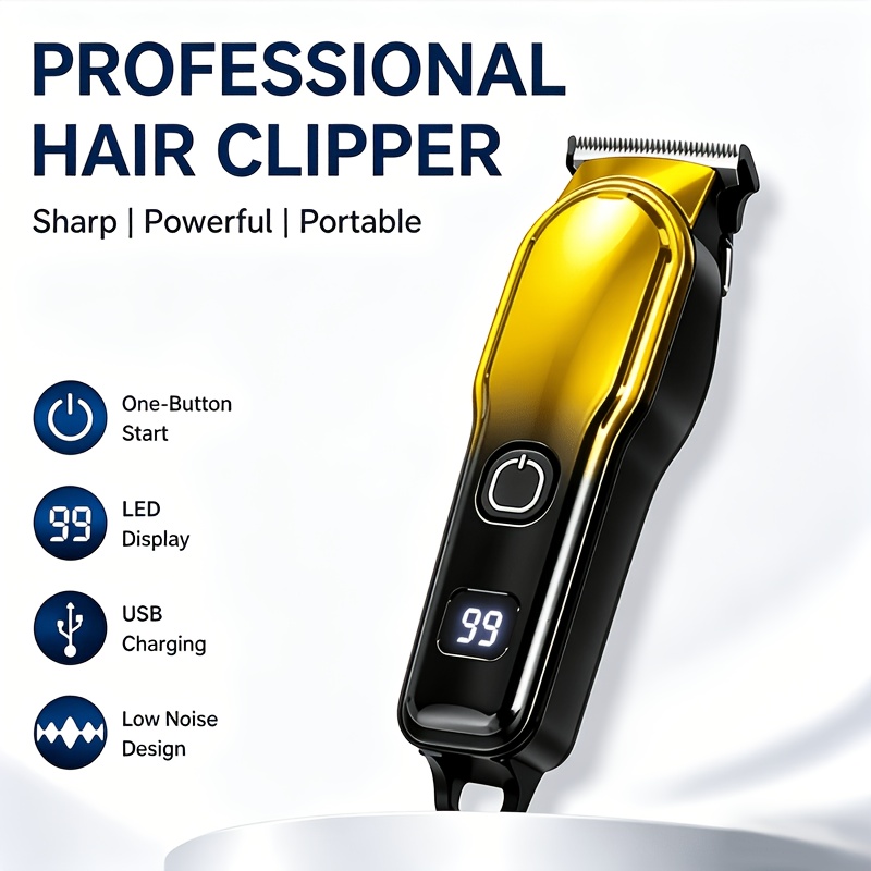 TEMU 1pc Professional Gradient Electric Hair Clipper, One-button Control, Led Digital Display, Usb Rechargeable, Low-noise Portable Trimmer, Dual-use