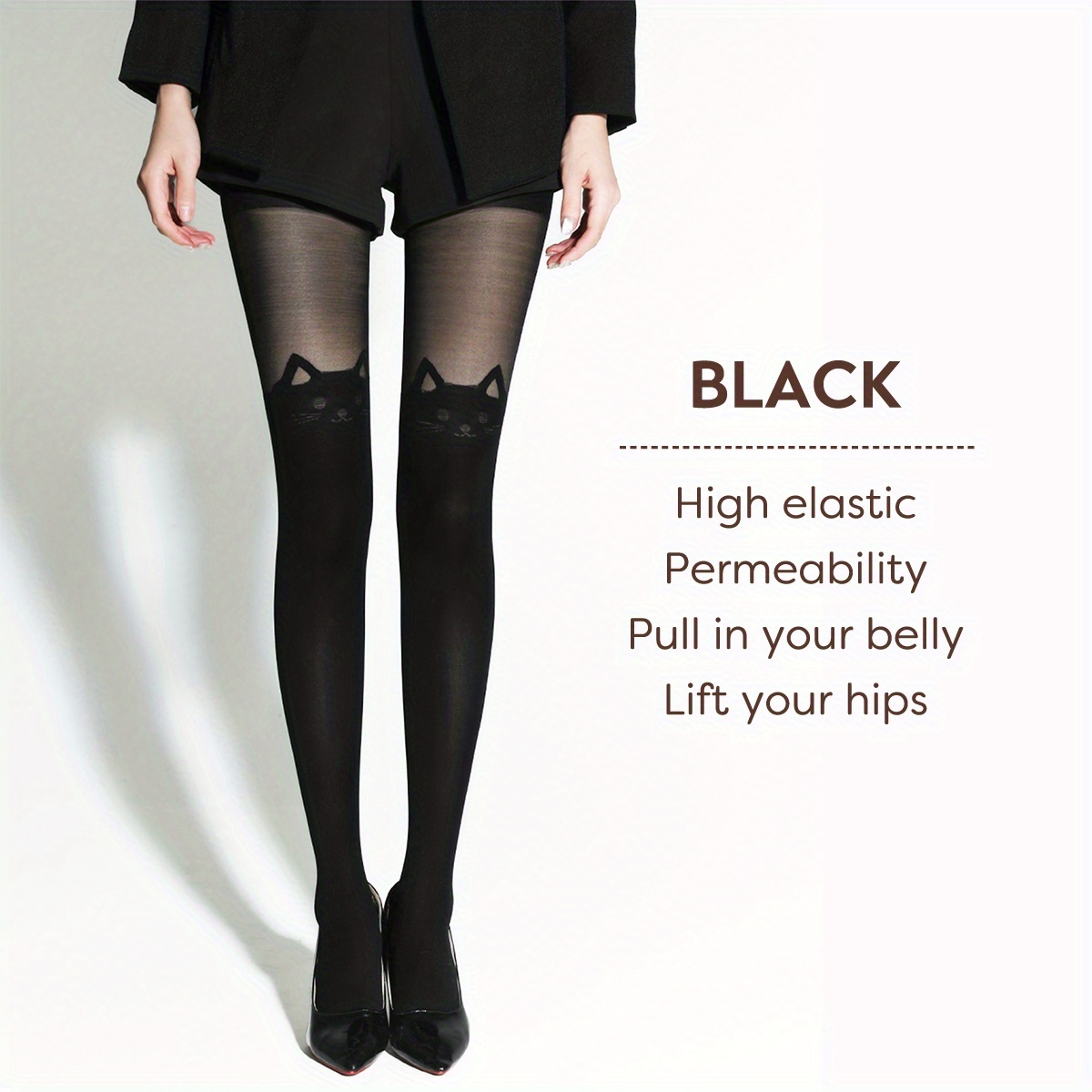 Image of One-pair Women's Ear Tights, Black, Lightweight Semi-sheer, Full-length Thigh-high, Cat Head Jacquard Sheer Tights