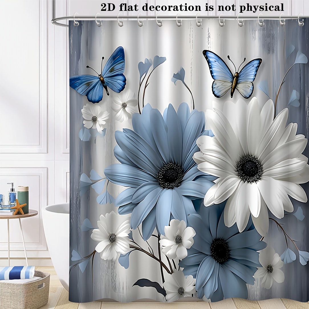 E-shop 1 Stück Blau-Weißes Duschvorhang mit Blumenmotiv und Schmetterlingen - Elegantes mit lebendigen Blüten und grauer Hintergrund, 70X70 Zoll,