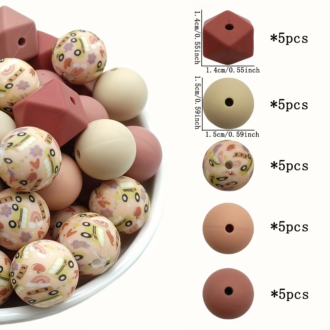 Image of 25pcs/50pcs 15mm Watermark Mixed Series Silicone Round Beads Loose Beads For Diy Handmade Necklaces, Plastic Pen Beads, Bag Chains, Phone Chains, Bracelets, Jewelry Making Supplies