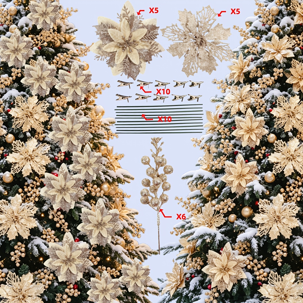 TEMU 36pcs Champagne Golden Christmas Glitter Poinsettia Artificial Flower And Branch Set - Christmas Decorations, Suitable For Christmas Trees,