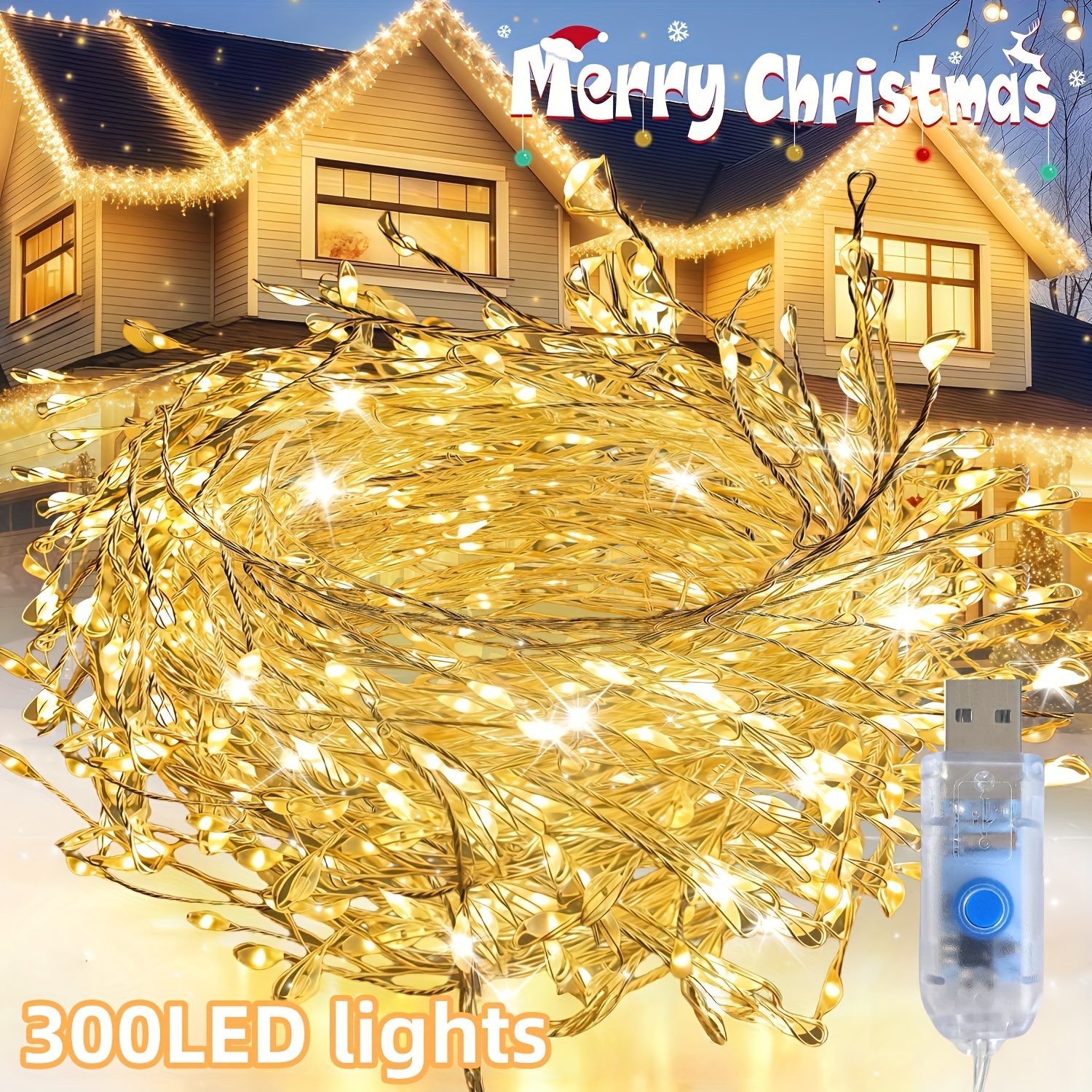 1pack Christmas Fairy Light String Usb Powered, 300/200/100 Led Light Shining Copper Light String, 8 Lighting , Suitable For Ceiling, Wreath, Party, Wedding, Christmas Tree Decoration - Warm Colors