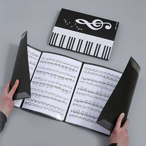 2pcs black a4 music folders 6 pages design with piano key pattern musical notes durable paper for band performances piano sheet organization ideal teachers students teacher resources classic music theme secure closure music gifts