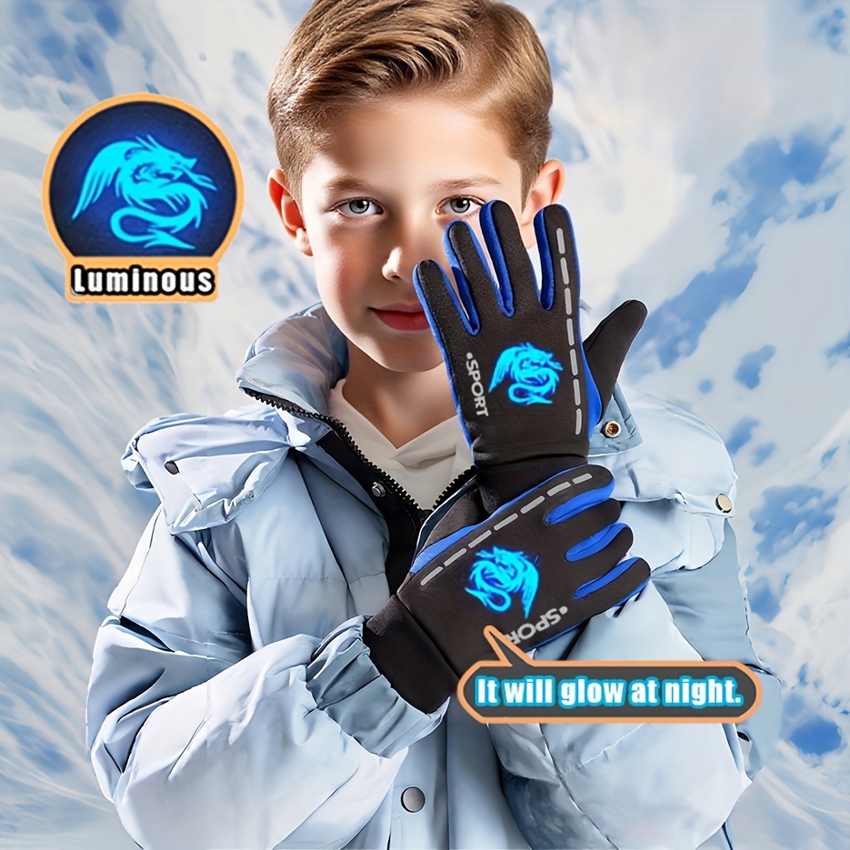 A Pair of Gloves Designed for Autumn And Winter, Featuring Separate Fingers for Skiing. These Glow-In-The-Dark Gloves Are Suitable for Both Boys And Girls, with Stylish Patterns That Shine at Night And a Plush Interior. Ideal for Everyday Wear And O