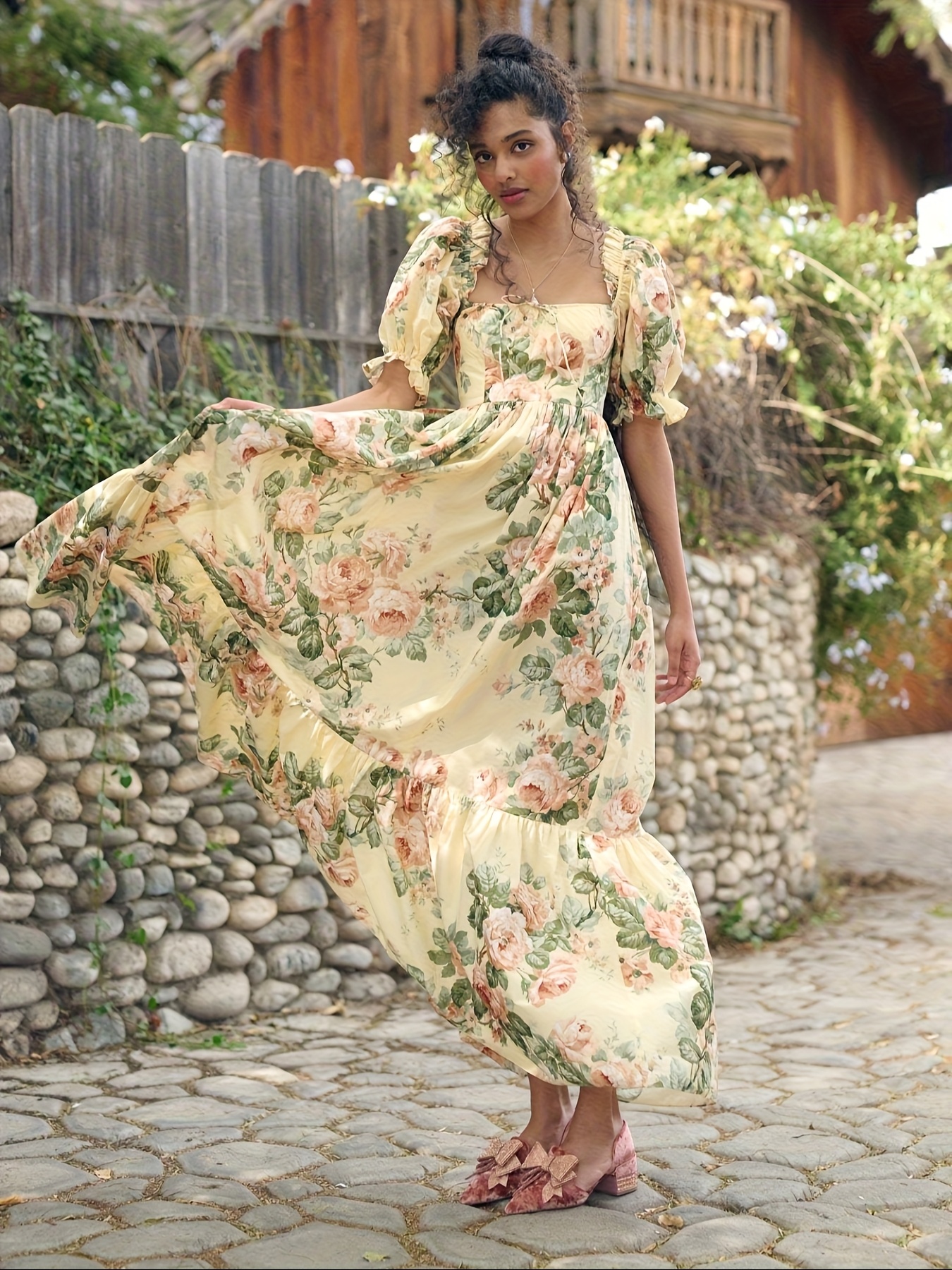 womens vintage floral neck maxi dress flowy - Temu Germany