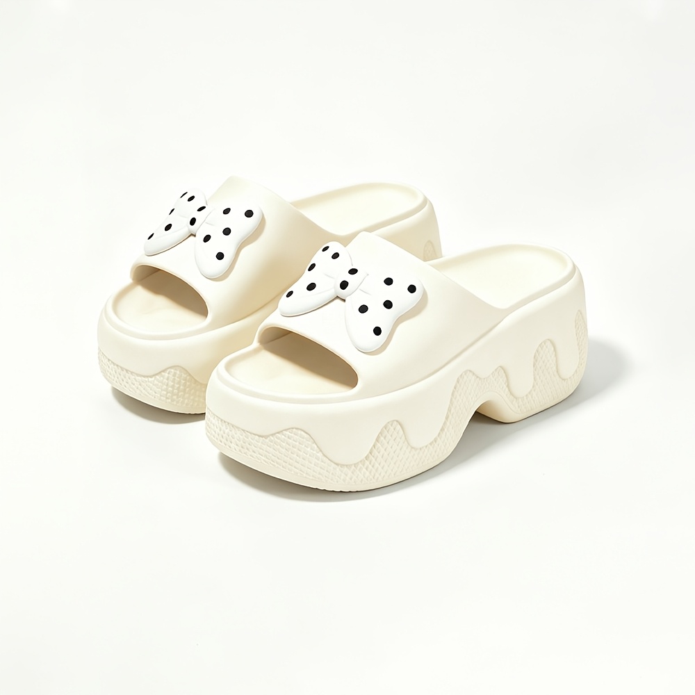 TEMU Women' Bow Platform Slides, Eva Chunky Beach Sandals With Polka Dot Bow Accent, Soft Slippers For Outdoor & Indoor Use, Breathable Casual