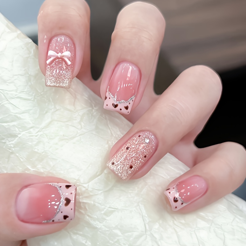 TEMU Shape, 24pcs Of Medium Square Fake Nails, French Leopard Love Bow Cat Eye Wear Armor Design, Bright Removable Fake Nails