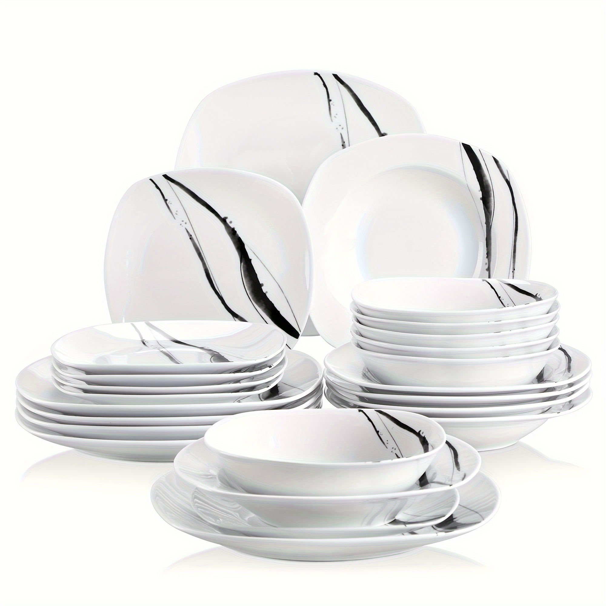 24pcs Dinner Set Service For 6, Plates And Bowls Set Ink And Line Patterns Combination Set, Porcelain Tableware Set With Bowls Dessert Plates Soup Plates Dinner Plates