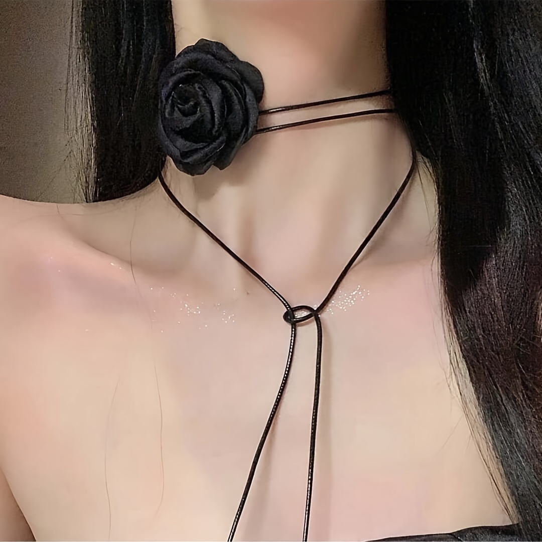 1pc Floral Camellia Choker Necklace, Adjustable Black Rose White Flower  Pendant Clavicle Chain For Women, Elegant Ribbon Tie Neck Accessory