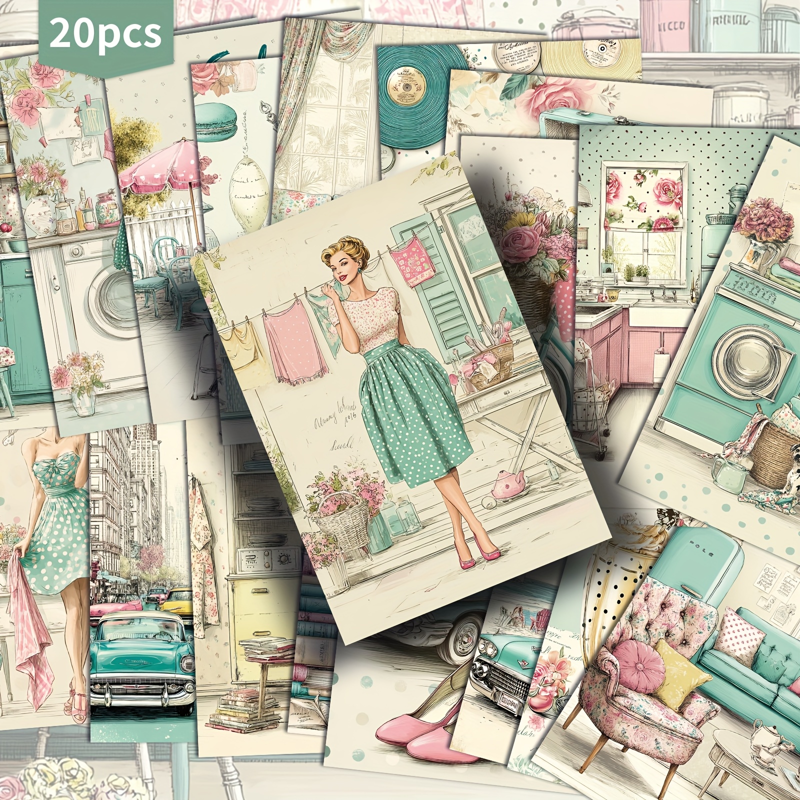 TEMU Lot de 20 cartes postales en papier de ménagère des années 1950 - 4x6 pouces, papier vintage pour , illustrations classiques, cartes de peinture