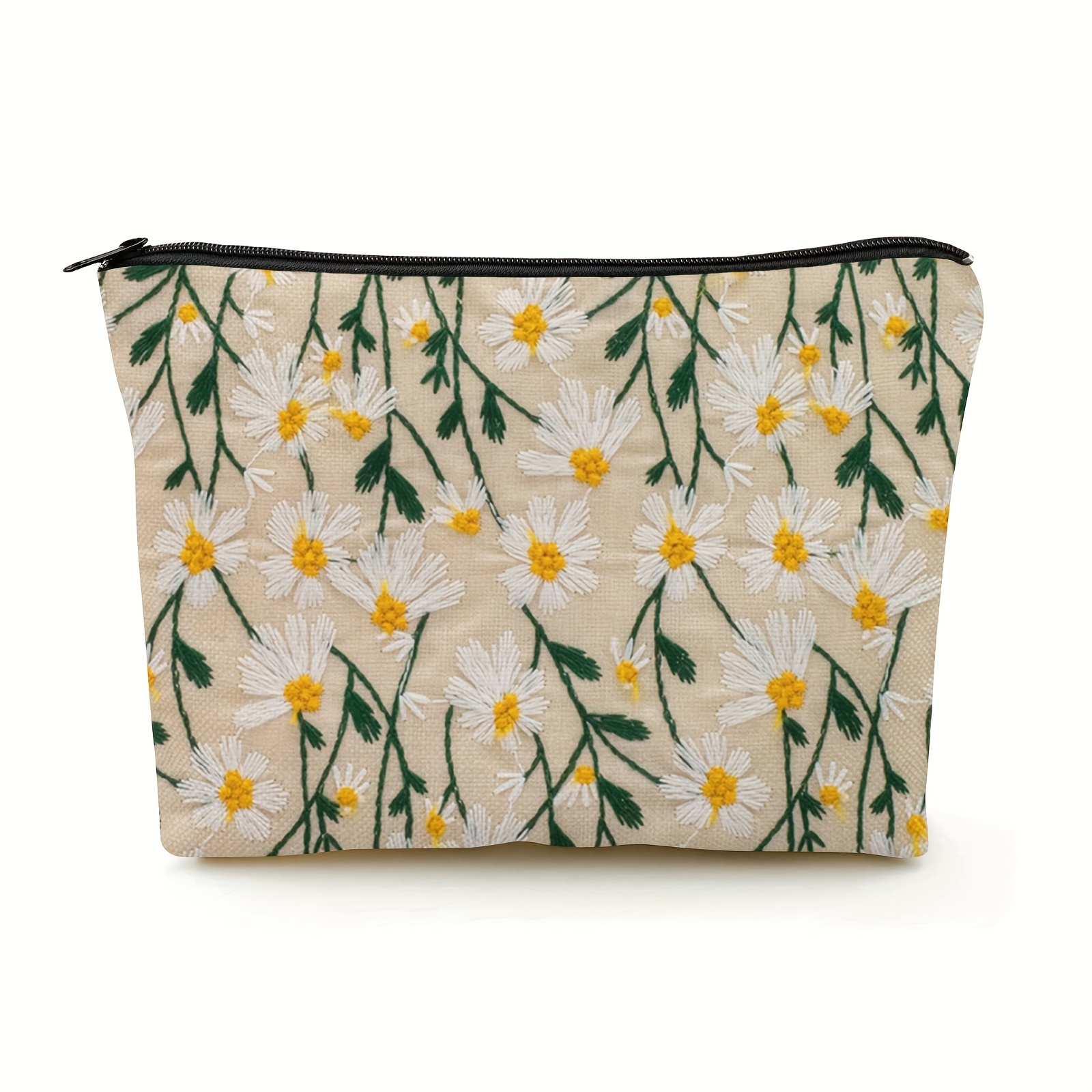 

Embroidered Daisy Flowers Pattern Cosmetic Bag Makeup Bag, Zipper Pouch, Lightweight Makeup Organizer For Travel, For Men And Women