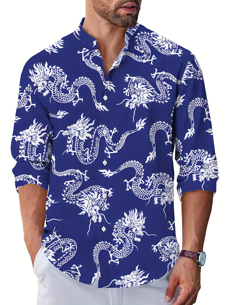 dragon print dress shirt Elegant Men Luxury Dragon Trend Printed Party Long Sleeve Slim Fit Dress Shirt