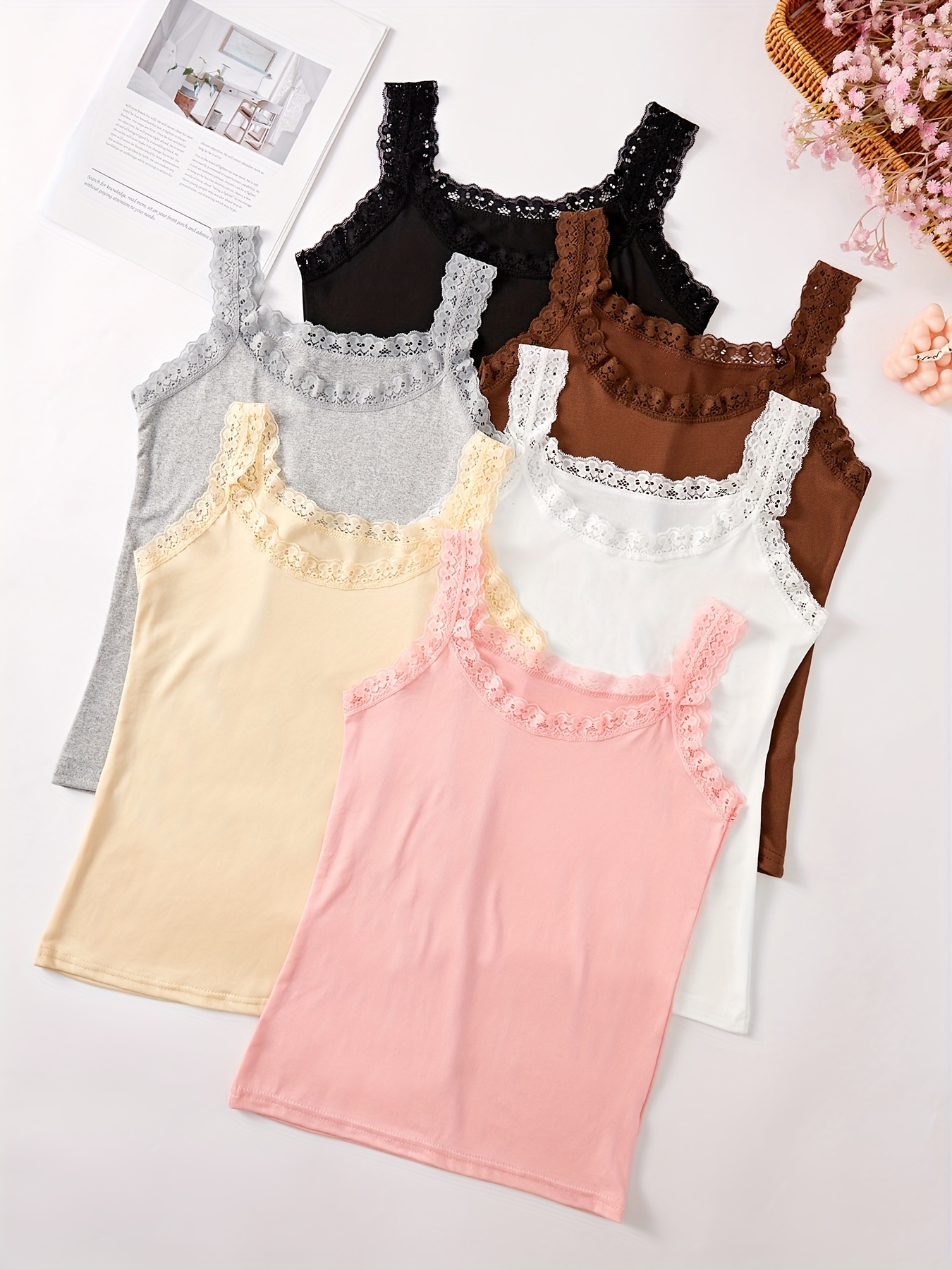 6pcs womens sleeveless camisoles lace trim contrast trim   stretchy   fit 6 colors black grey beige pink   for   layering casual   essentials feminine style quality stitching stylish blouse everyday wearers mixed color 0