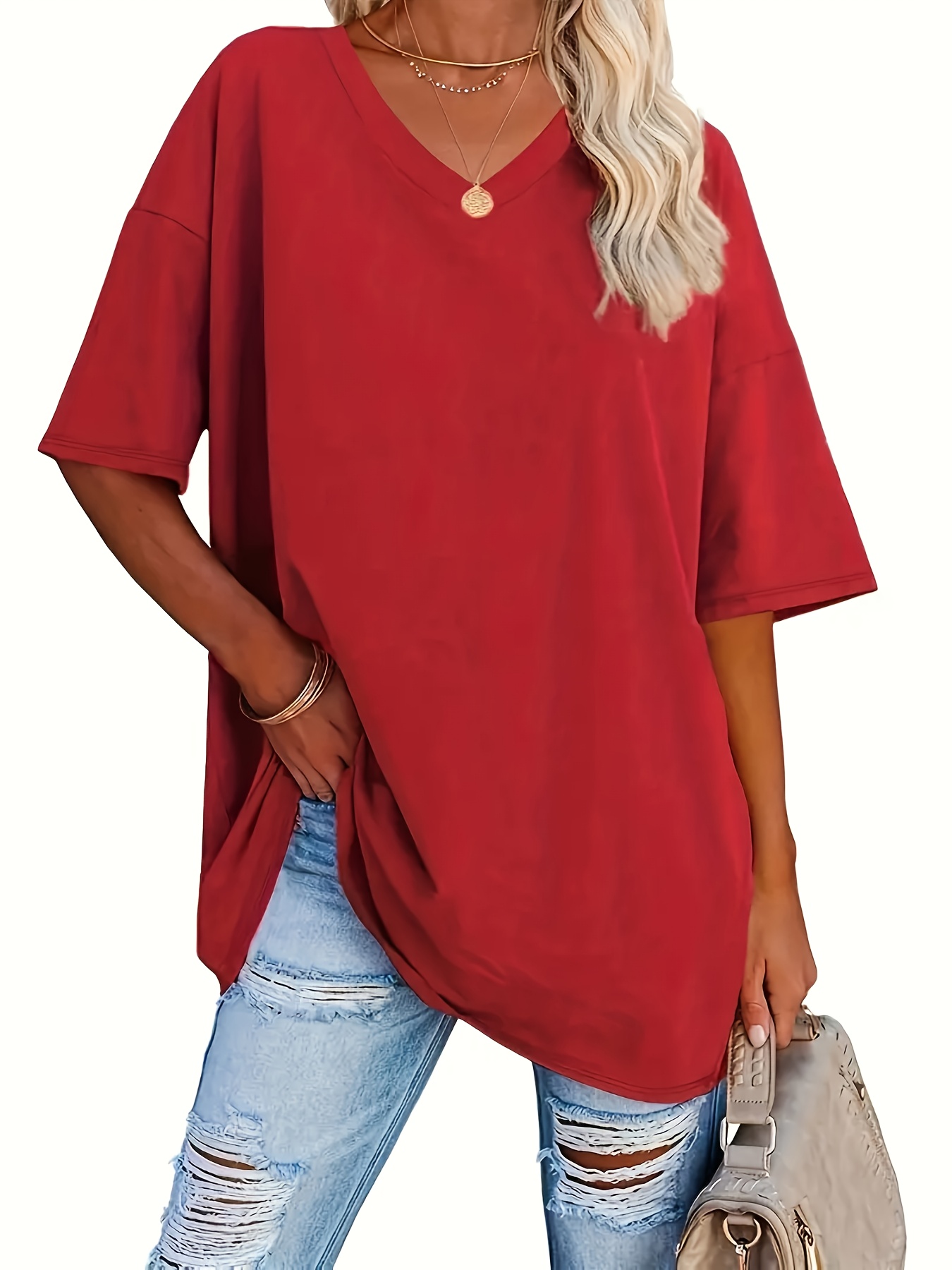 Ensemble de 3 T-Shirts Décontractés pour Femmes à Col en V, Tissu en Maille 95% Polyester 5% Élasthanne, Couleur Unie, Élasticité Moyenne, Coupe Ample à Manches Courtes pour le Printemps/Automne