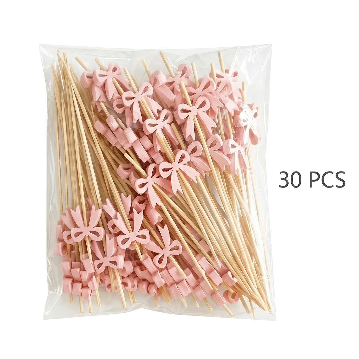 TEMU 30pcs Cute Pink Bow Shaped Bamboo Food Picks, Cake Decorating Supplies, Bow Decorative Skewers For Cupcake, Mini Cake, , Appetizer, Wedding
