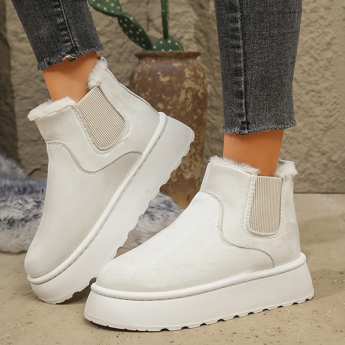 

Women's Cozy Fleece-lined Slip-on Snow Boots - Sole, Mid-calf Winter Ankle Booties, White, Ribbed Cuff, Warm & Comfortable For Casual Wear, Cozy Winter Boots | Boots | Sturdy Sole Boots