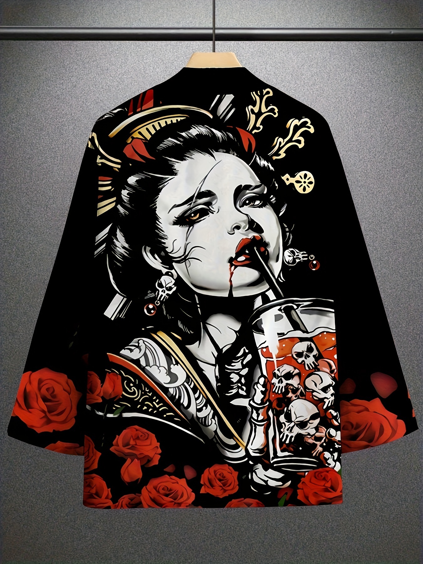 Novelty Japanese Female Print Kimono, Open Front Cardigan For Spring & Summer, Men's Clothing